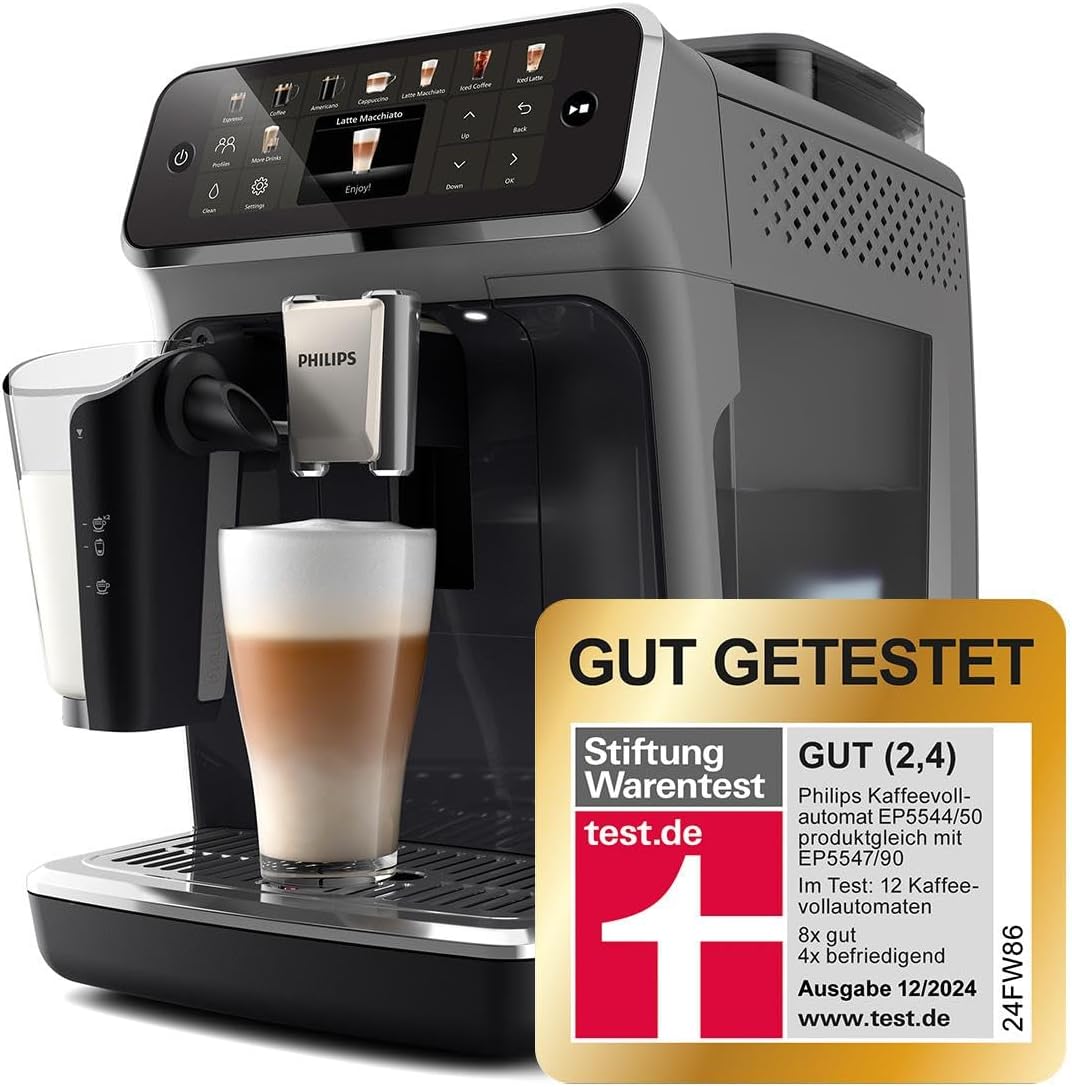 Serie 5500 EP5544/50 Kaffeevollautomat – LatteGo Milchsystem, 20 heiße und kalte Kaffeespezialitäten, 40% leiser mit SilentBrew, QuickStart,Schwarz/Grau
